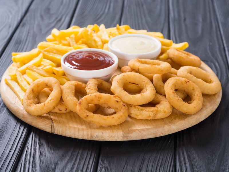 Homemade onion rings and fries